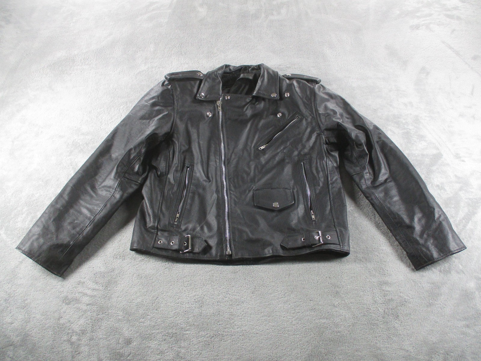 Leather Motorcycle Jacket Mens 44 Black Belted Biker Zipper Pockets Lined