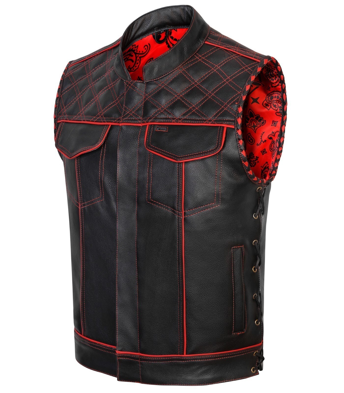 Men’s Black Leather Vest Diamond Motorbike Motorcycle Red Concealed Waistcoat