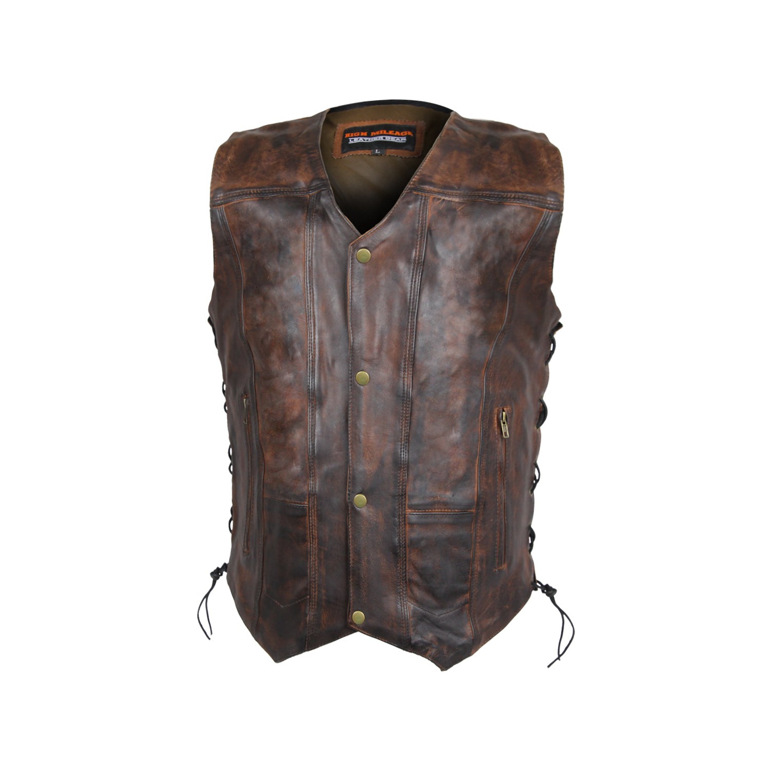 Classic Leather Vest Vintage Patina Brown Side Lace 10 Pocket Heritage Style