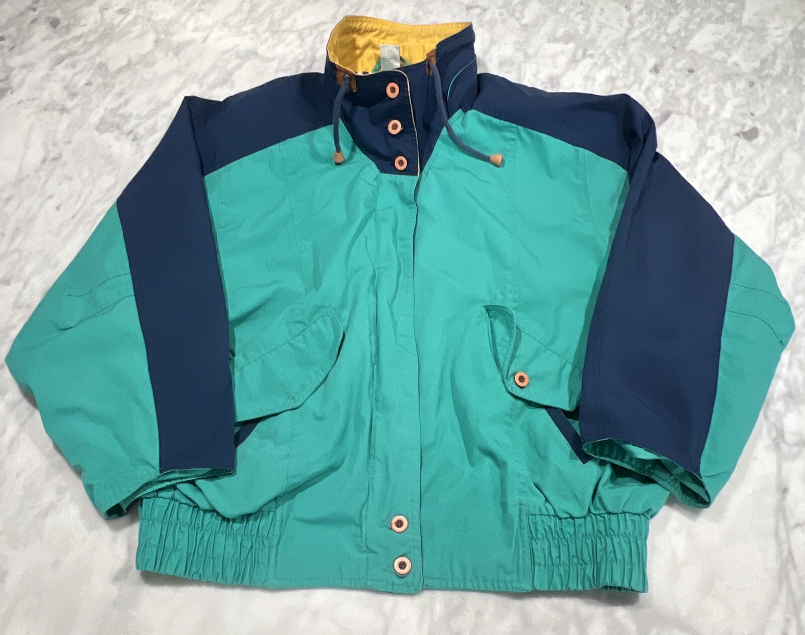Sailing Yacht Jacket Large Aqua Navy Zip Button Drawstring Climate Zone