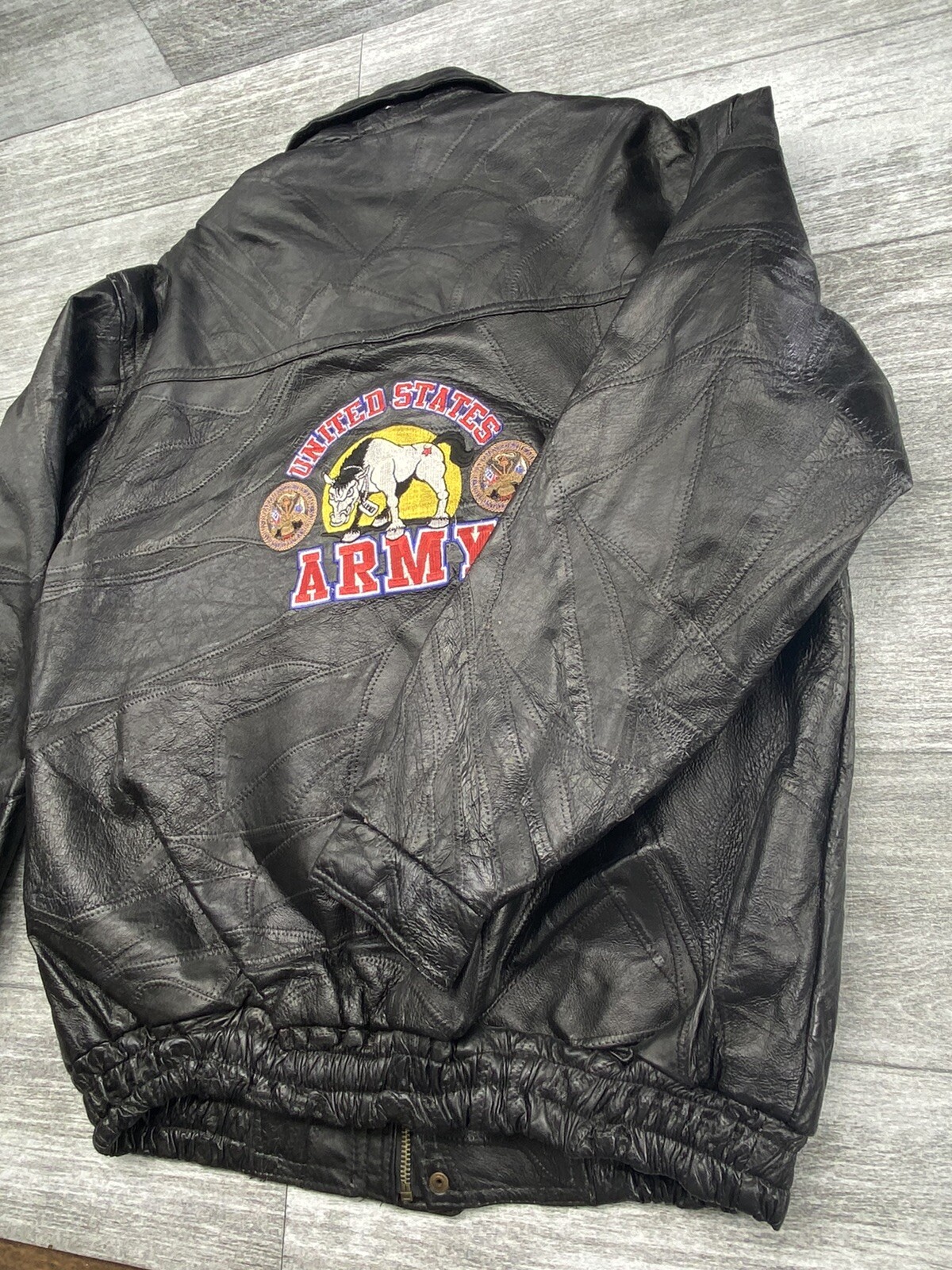 United States Army Back Patch Black Leather Patchwork Jacket XL US Military