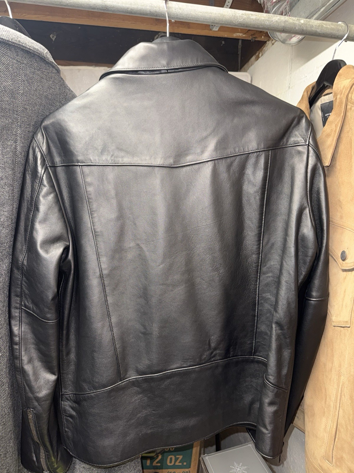 THURSDAY Men’s Black Leather Biker Motorcycle Jacket Full Zip Slim Fit L/G