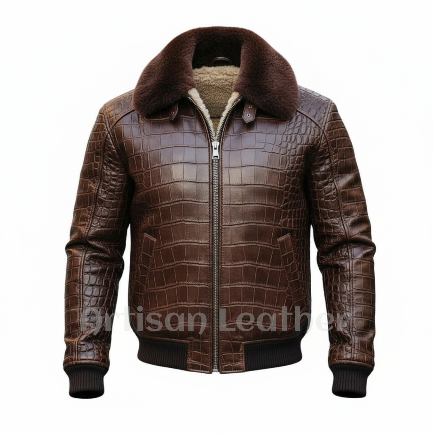 Luxury Crocodile Embossed Leather Jacket Men’s Fur Lined Winter Coat Bomber