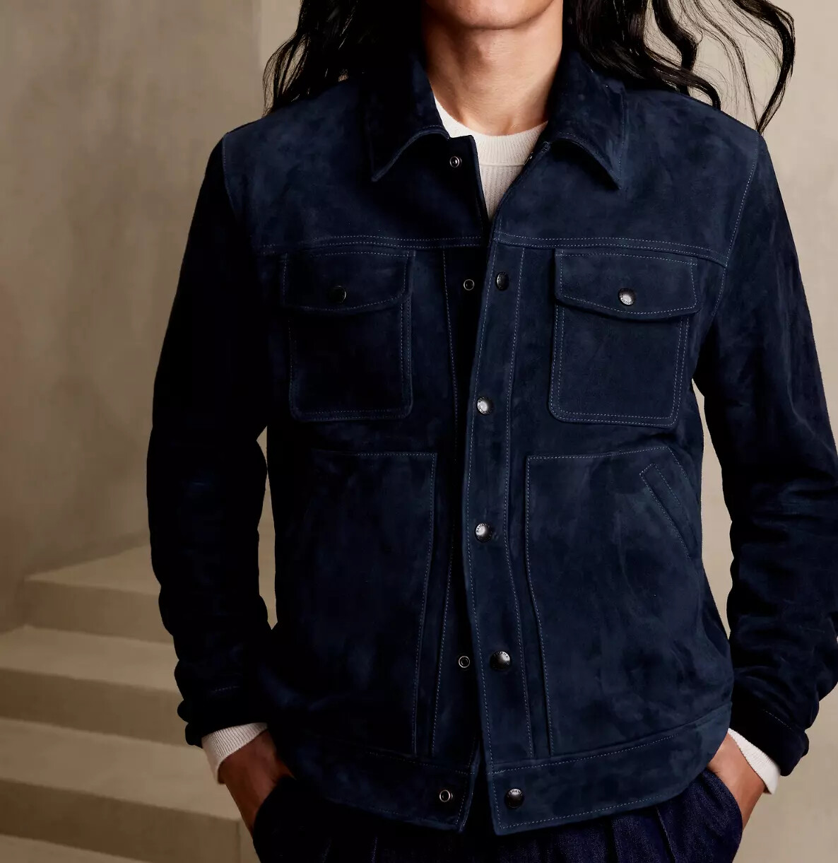 Navy Blue Suede Leather Trucker Jacket 100% Lambskin Made To Measure Men Jacket