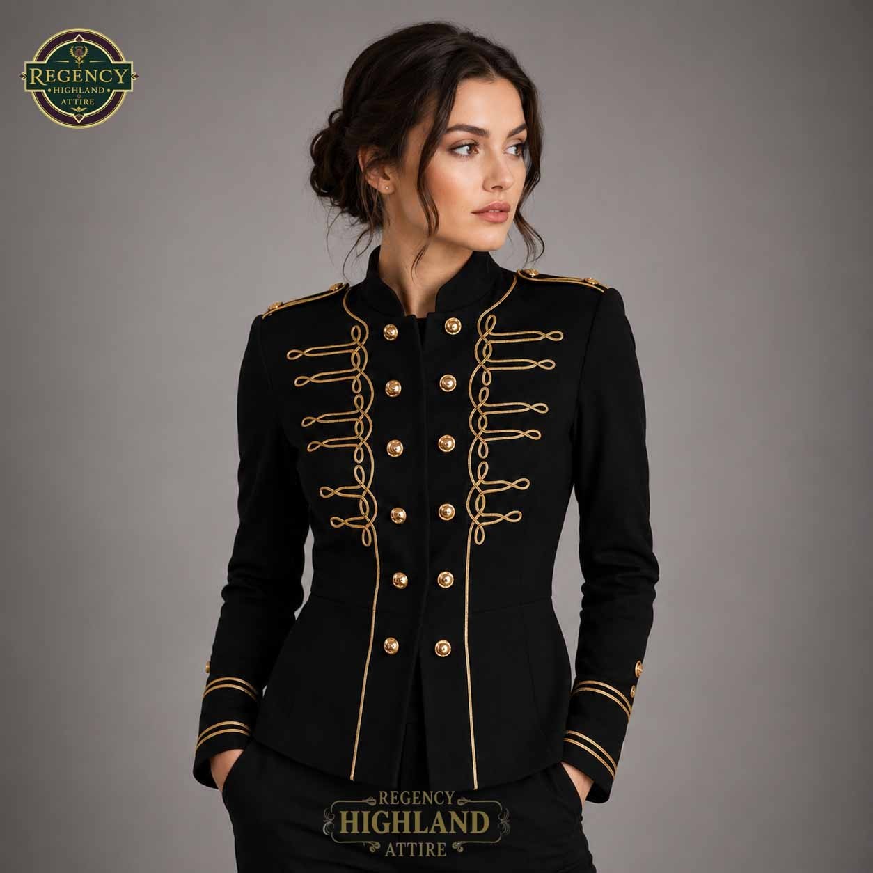 Women’s Black Military Hussar Jacket with Gold Braided Trim – Victorian