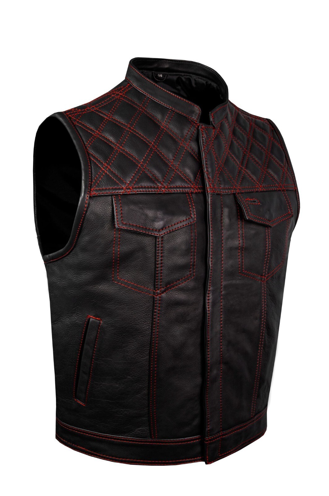 Men’s Black Leather Vest Motorcycle Red Thread Diamond Cuts Custom Waistcoat
