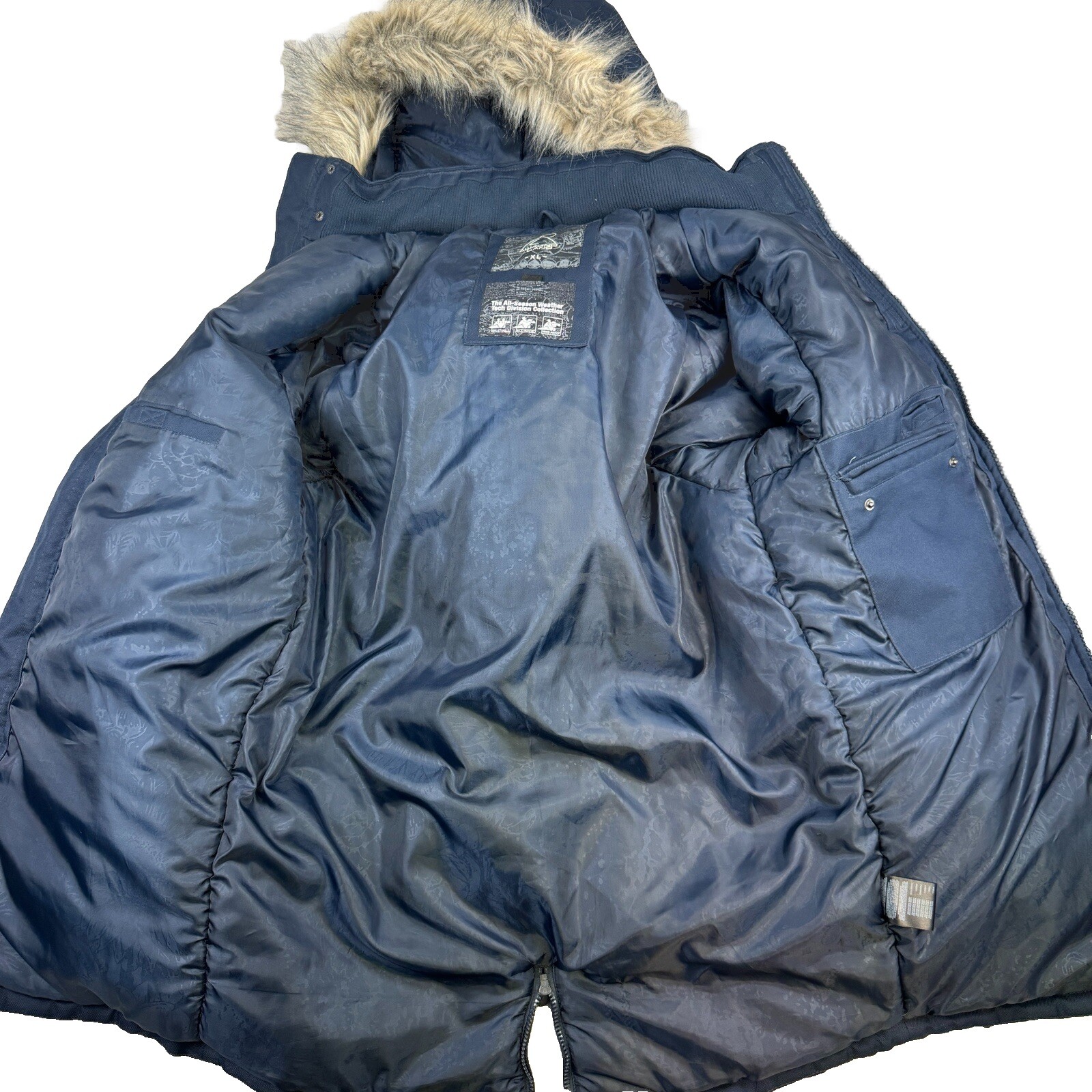 Awaknd Land All-Season Weather Hooded Blue Parka Coat Jacket Fur Hood Lining XL