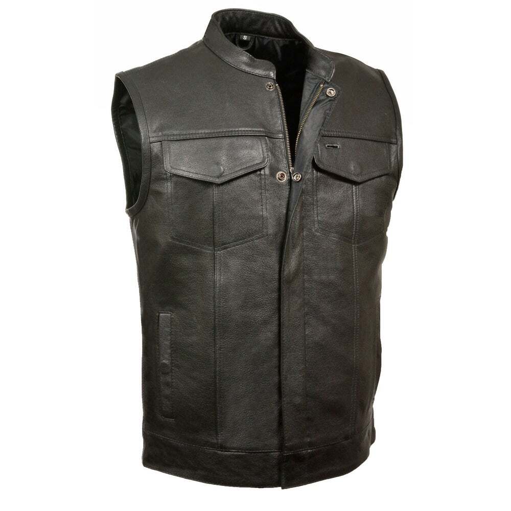 SOA Men’s Motorcycle Club Leather Vest Concealed Carry Arms Solid Back