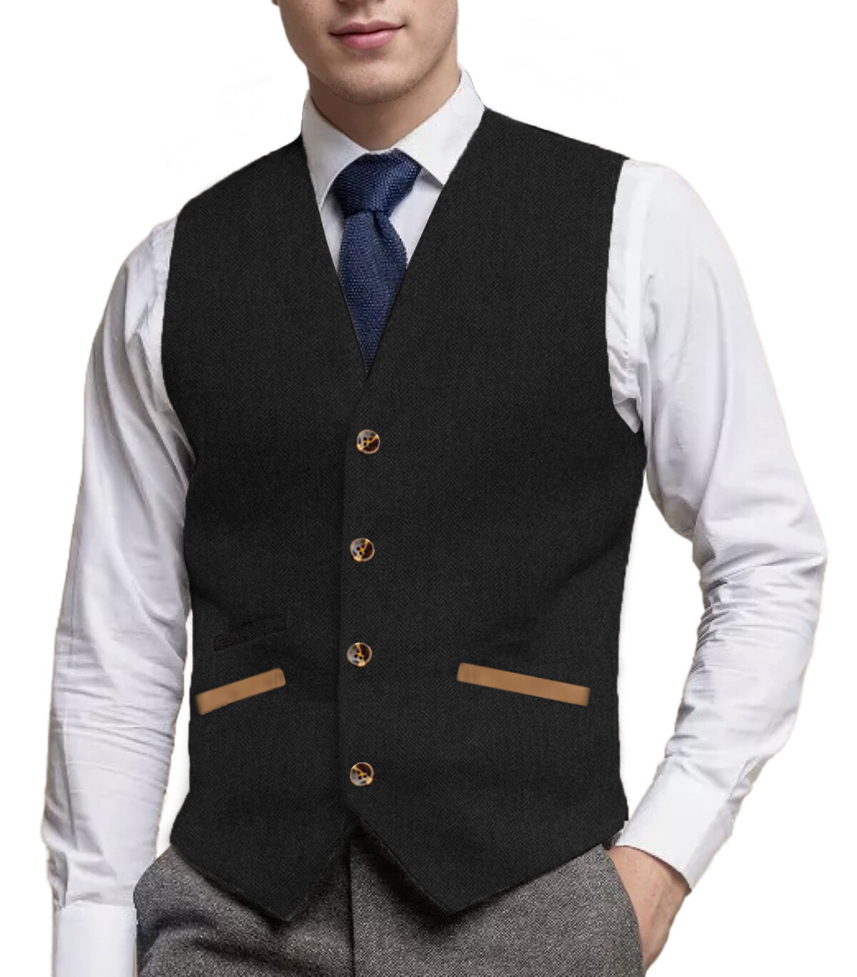 Men Hipster Vest Pocket Soft Vintage Tweed Herringbone Suit Waistcoat Retro Wool