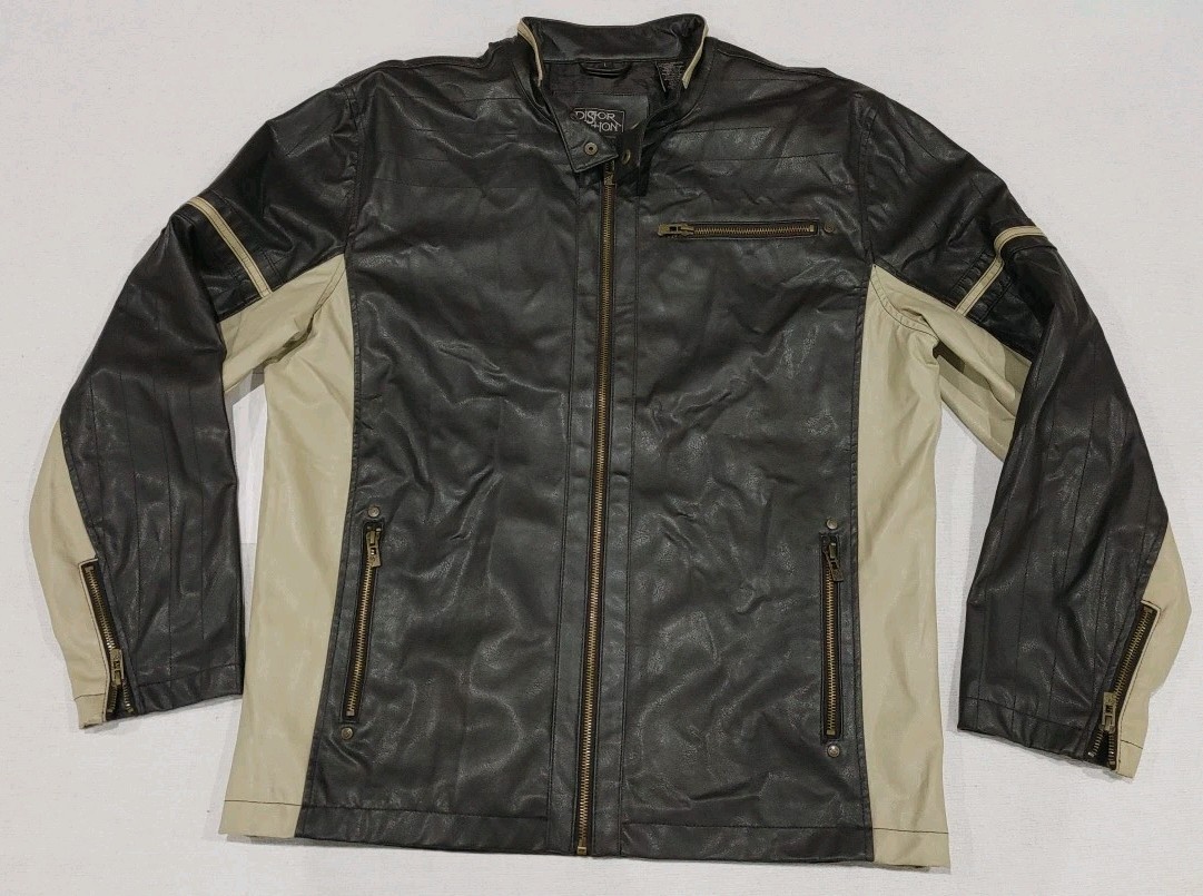 Distortion Custom Rags Faux Leather Motorcycle Jacket Brown Striped Adult Large