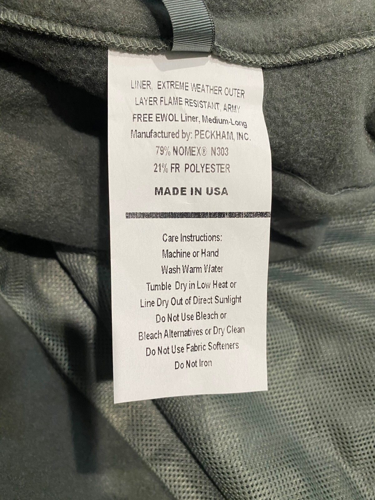 US Army ECWOL Flame Resistant Liner/Jacket Foliage Green