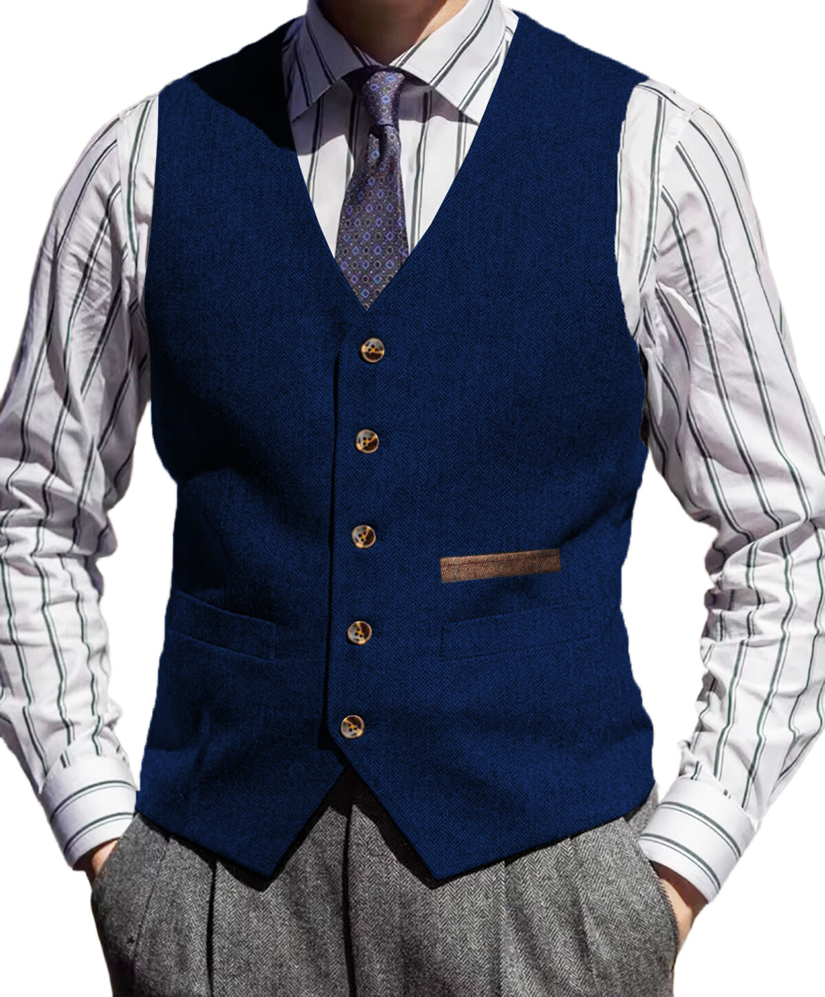 Tweed Vest Mens V-Neck Grooms Waistcoat Wool Waistcoat Herringbone Vintage Retro