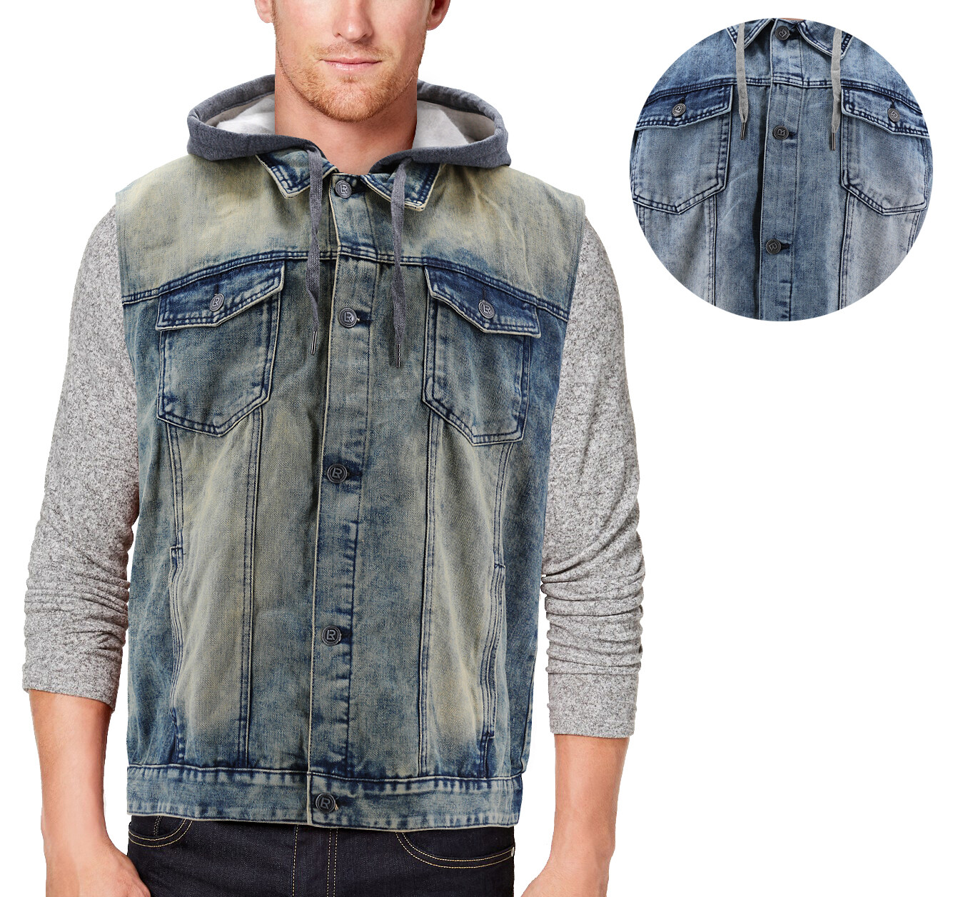 Men’s Faded Wash Cotton Blend Button Up Drawstring Hood Denim Jean Vest