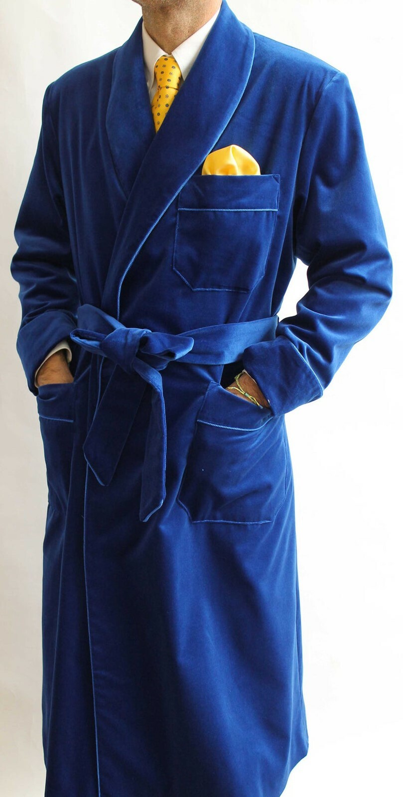 Men Blue Smoking Jacket Designer Elegant Luxury Wedding Party Wear Long Coat