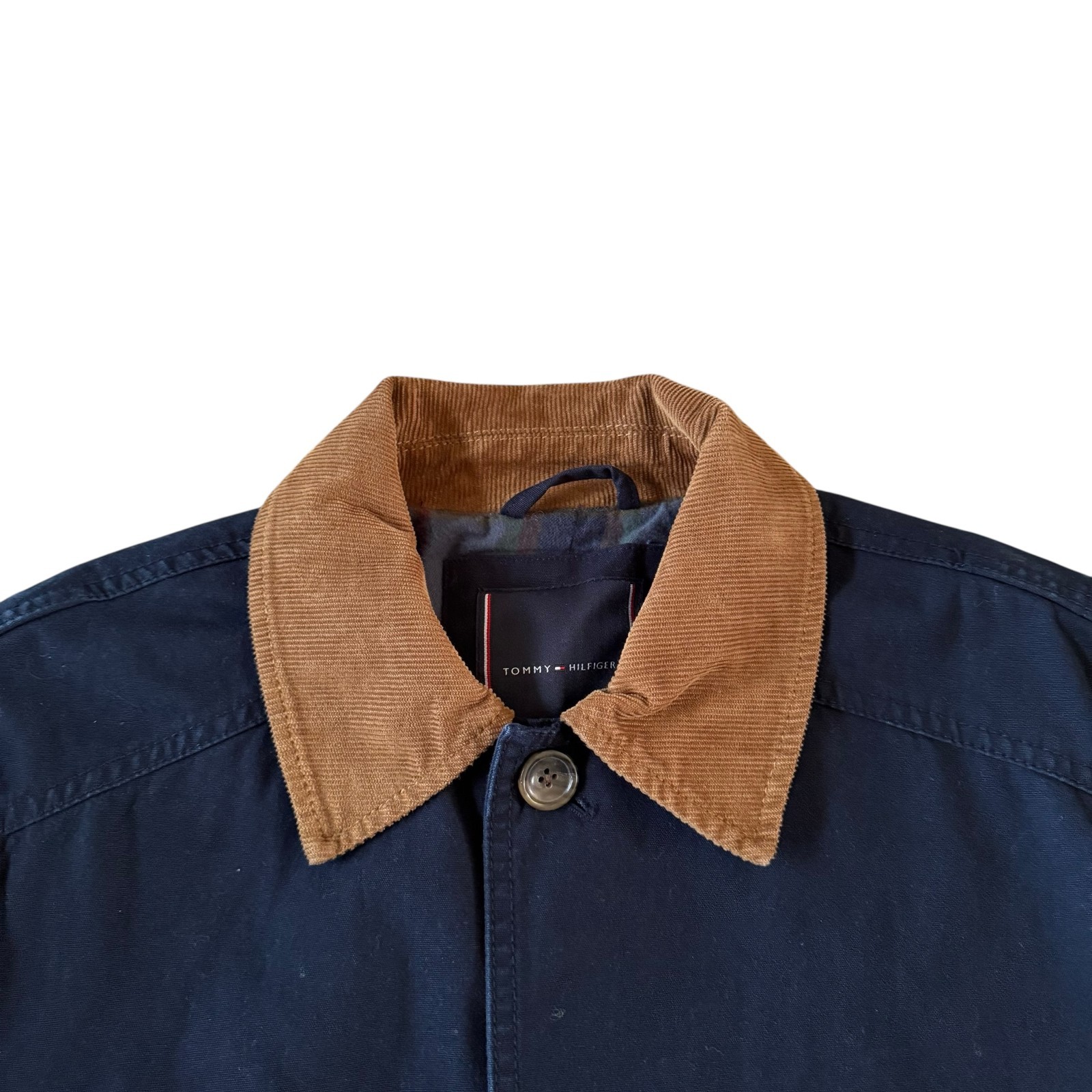 NWT Tommy Hilfiger Mens Navy Cotton Barn Coat Corduroy Collar Plaid Lined Jacket