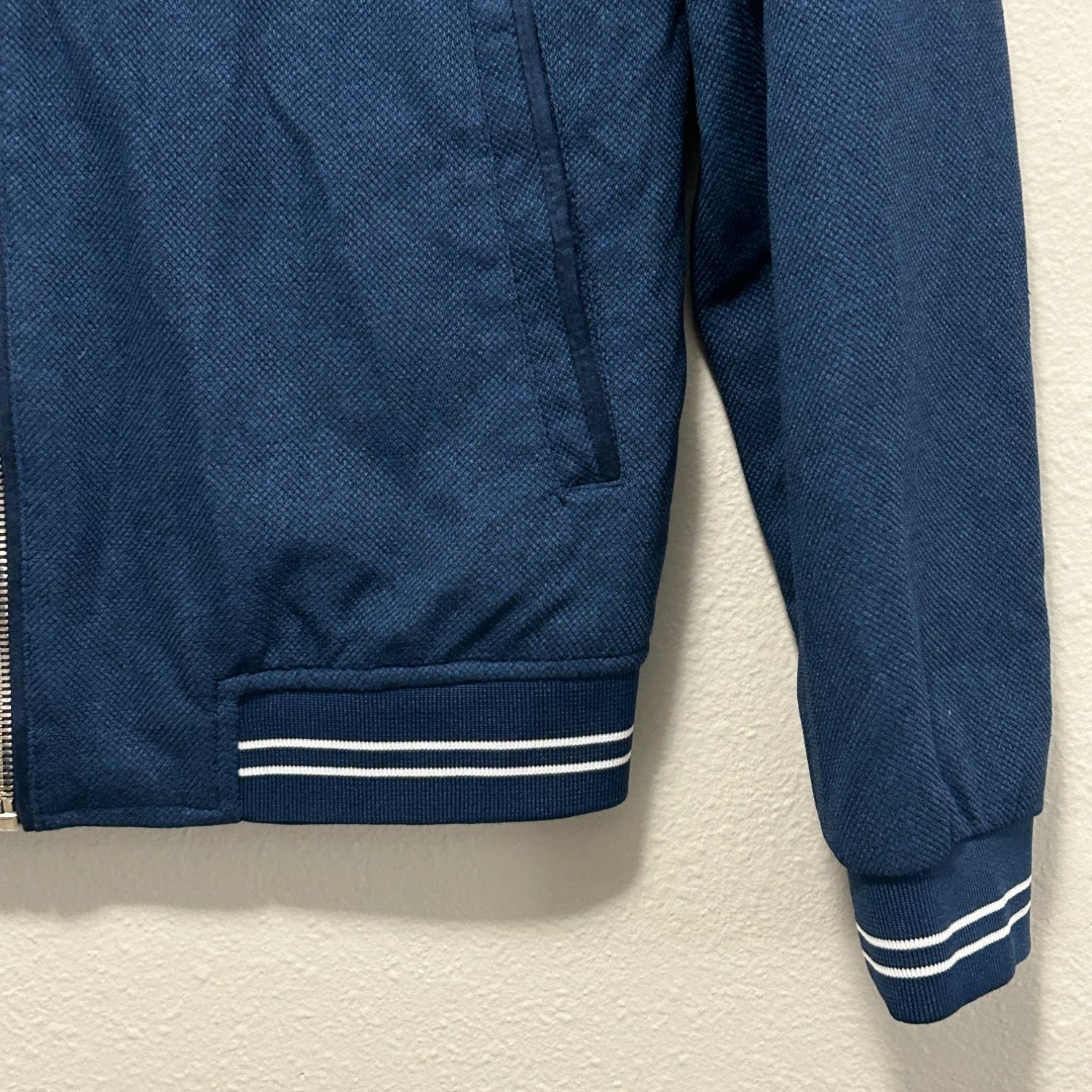 Zara Man Bomber Jacket Mens Size M Blue Textured Full Zip Ribbed Trim