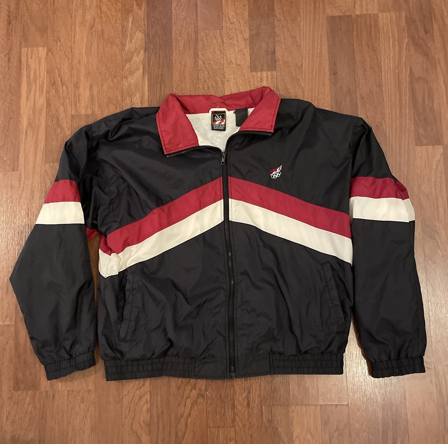 Vintage USA Olympic Jacket Mens Large Black Red White Windbreaker JC Penney 90s