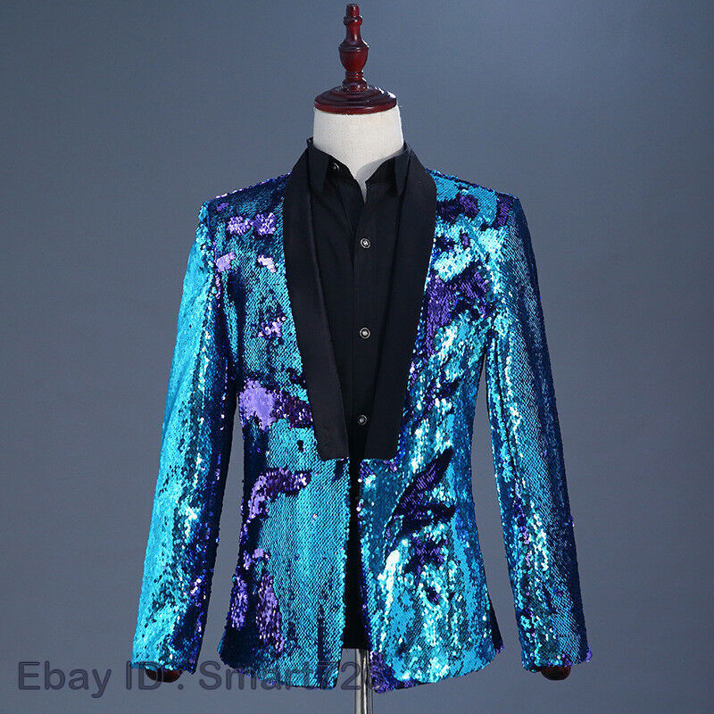 Men Reversible Two Tone Shiny Sequins Jacket Suit Blazer Fancy Dress Outfit Sets