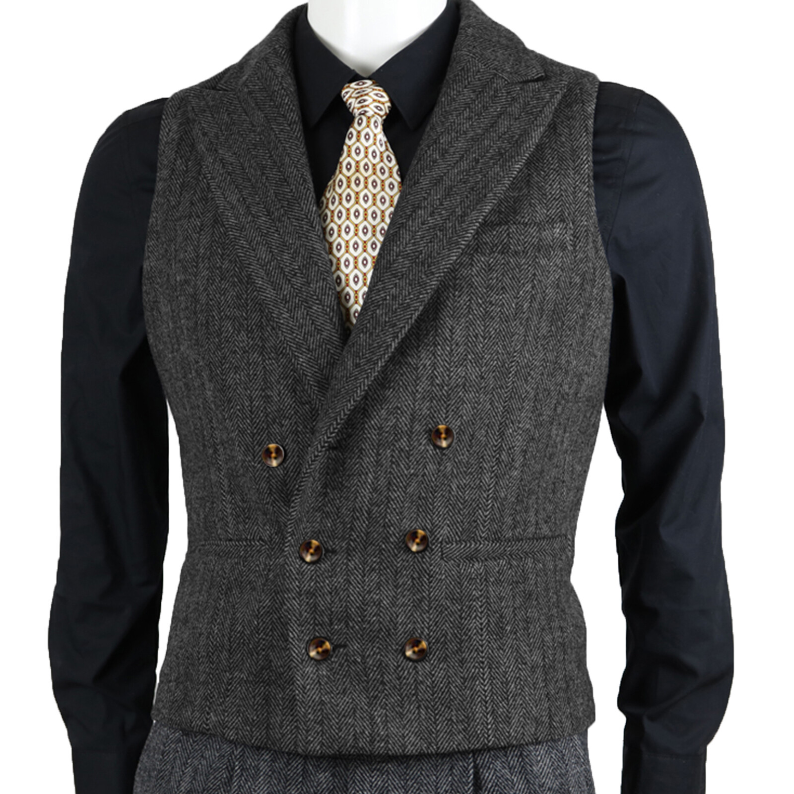 Men Double-Breasted Tweed Vest Herringbone Waistcoat Wedding Vintage Wool Lined
