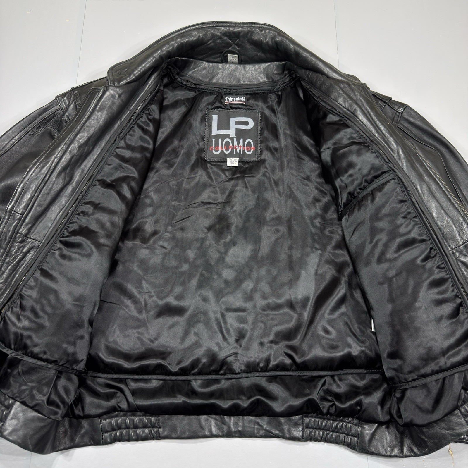 VTG LP Uomo Black Leather Flight Bomber Jacket Mens Large 3M Thinsulate Liner