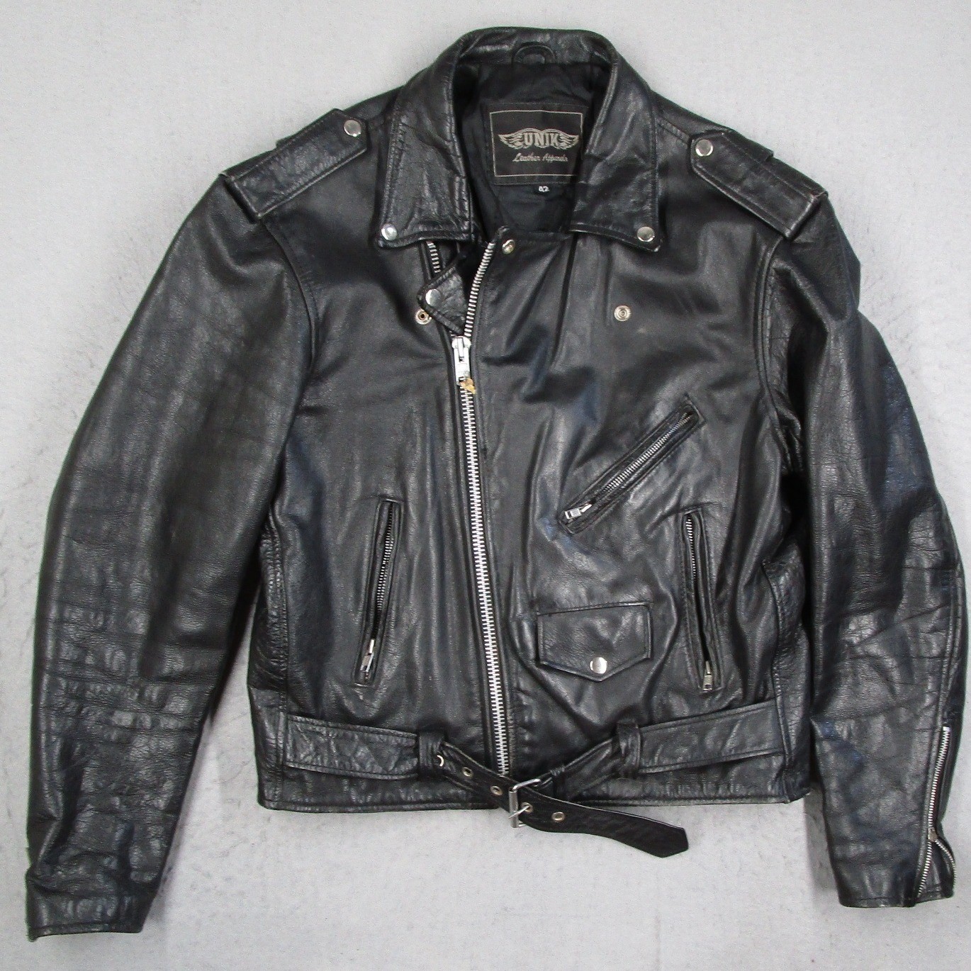 UNIK Leather Apparels Mens Black Leather Biker Jacket Belted Moto Size 42