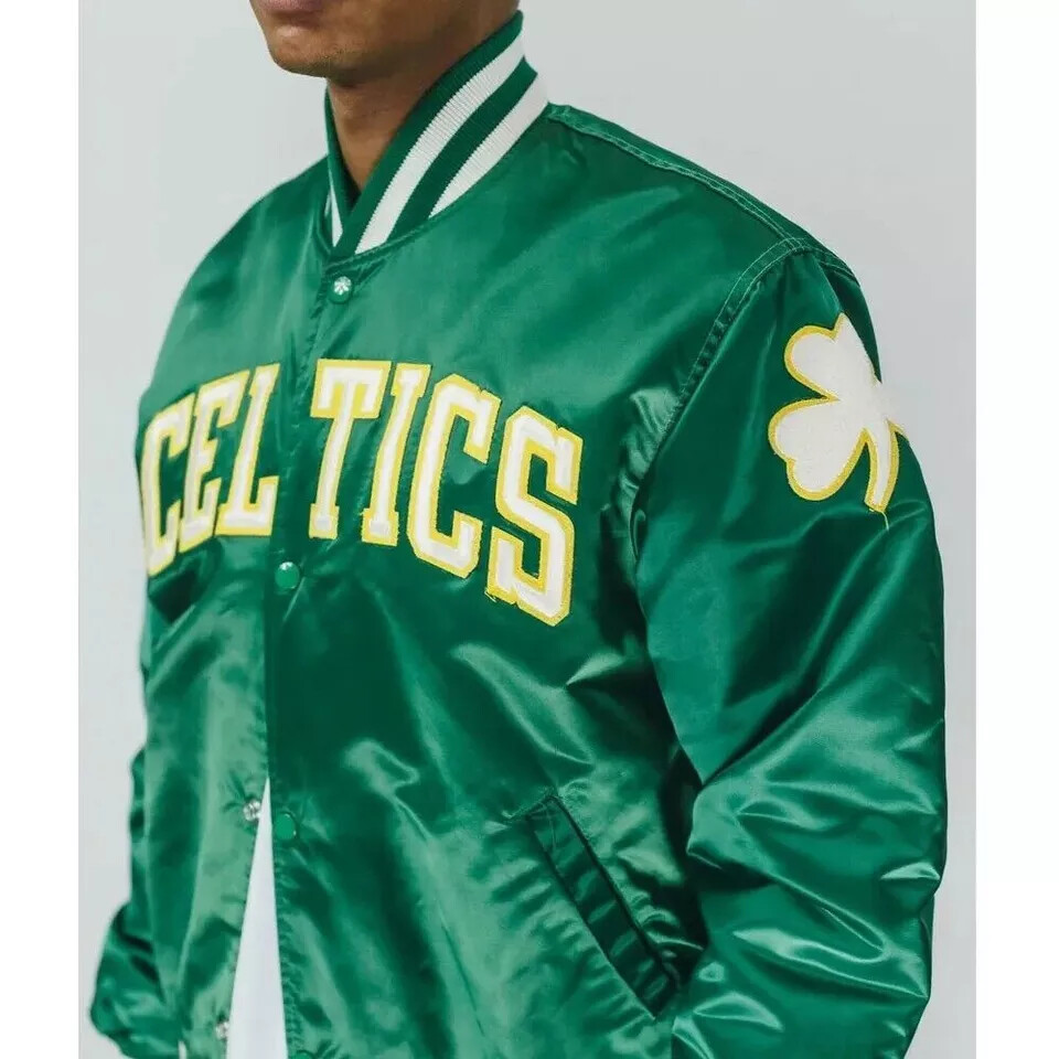 Men’s Boston Celtics Green Satin Varsity Basketball Bomber Men Jacket BNWT