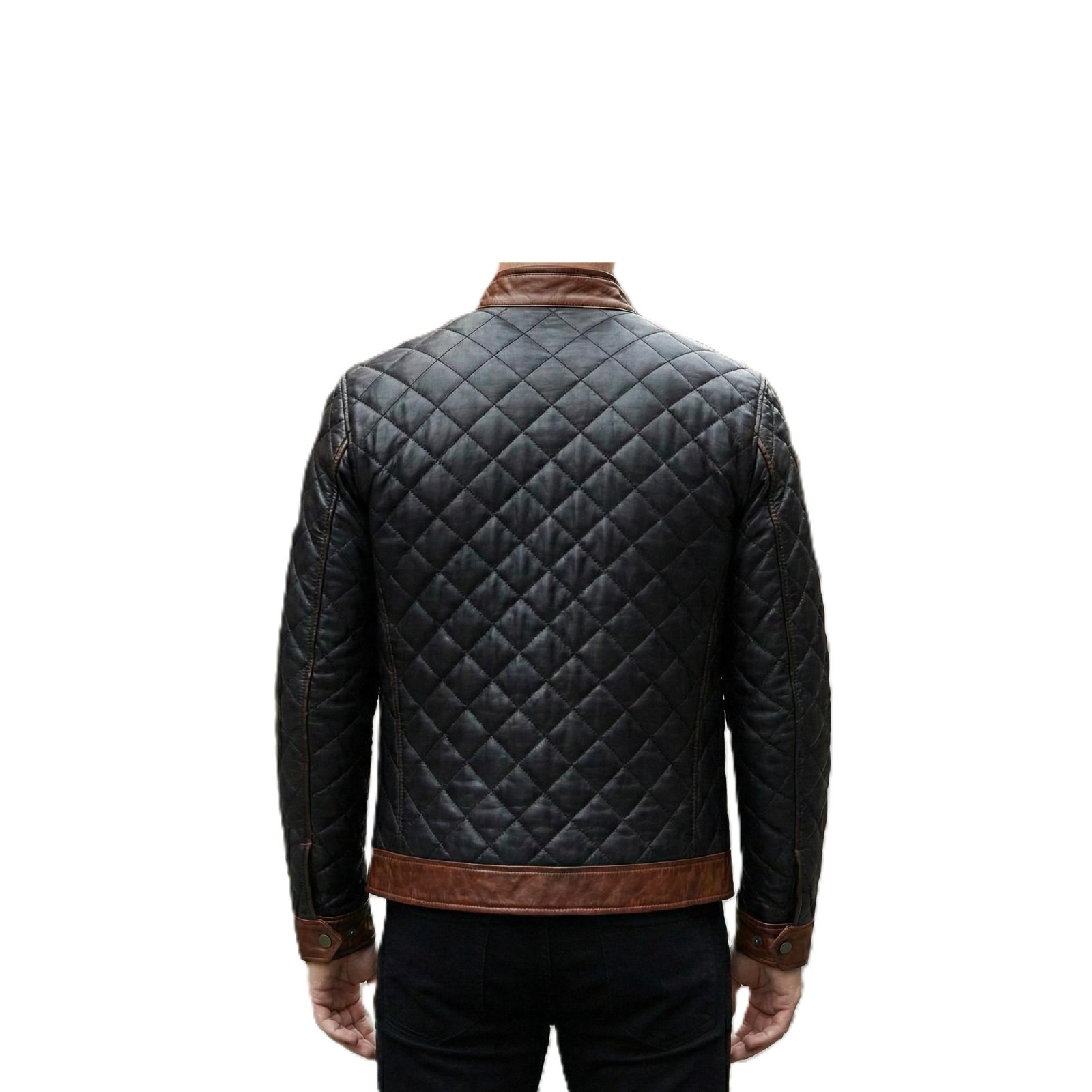 Men’s Quilted Leather Jacket Black Genuine Leather Diamond Stitch Biker Coat