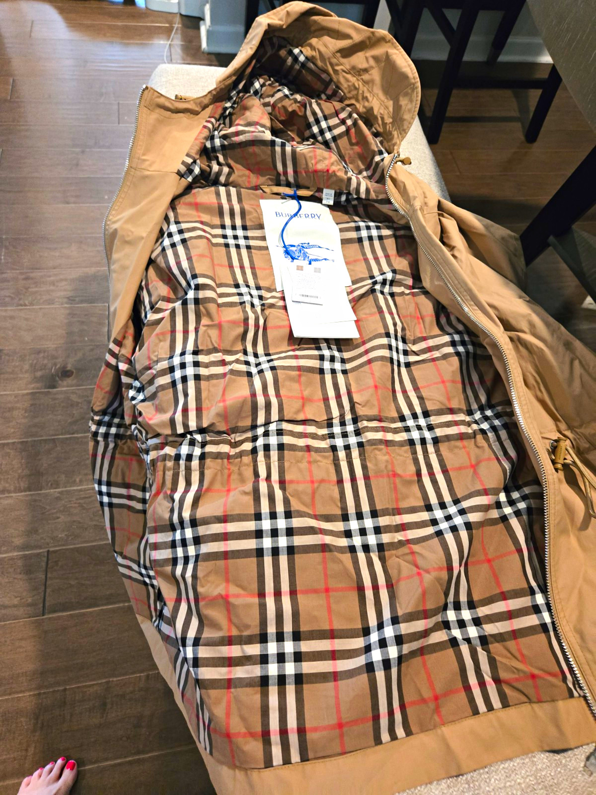 Burberry Men’s Beige Hooded Zip Parka Jacket Check Lining XL 46in