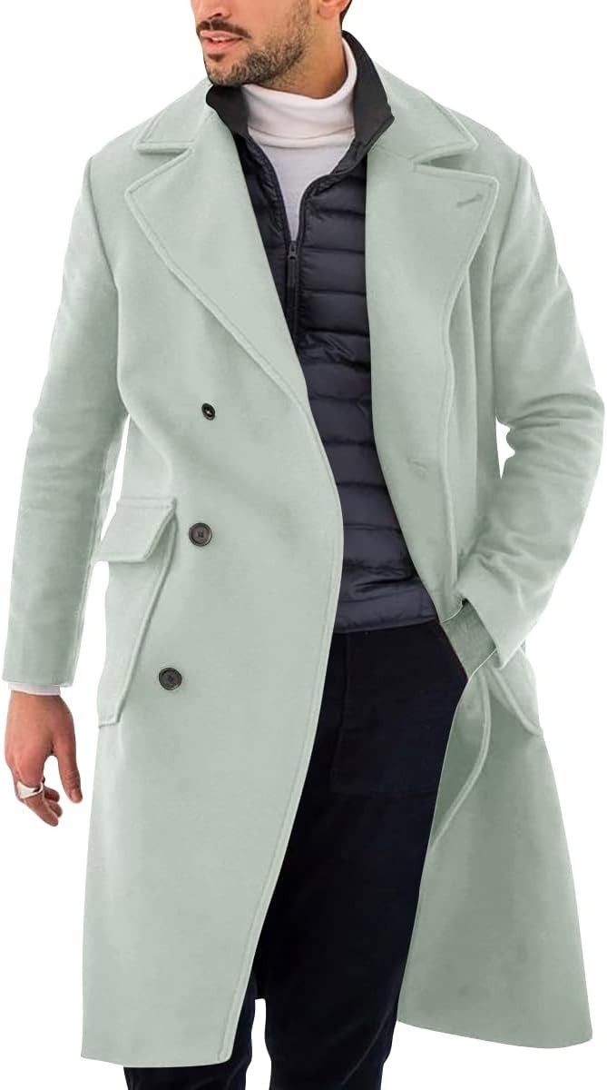 Mens Double Breasted Trench Coat Slim Fit Lapel Collar Long Winter Overcoat