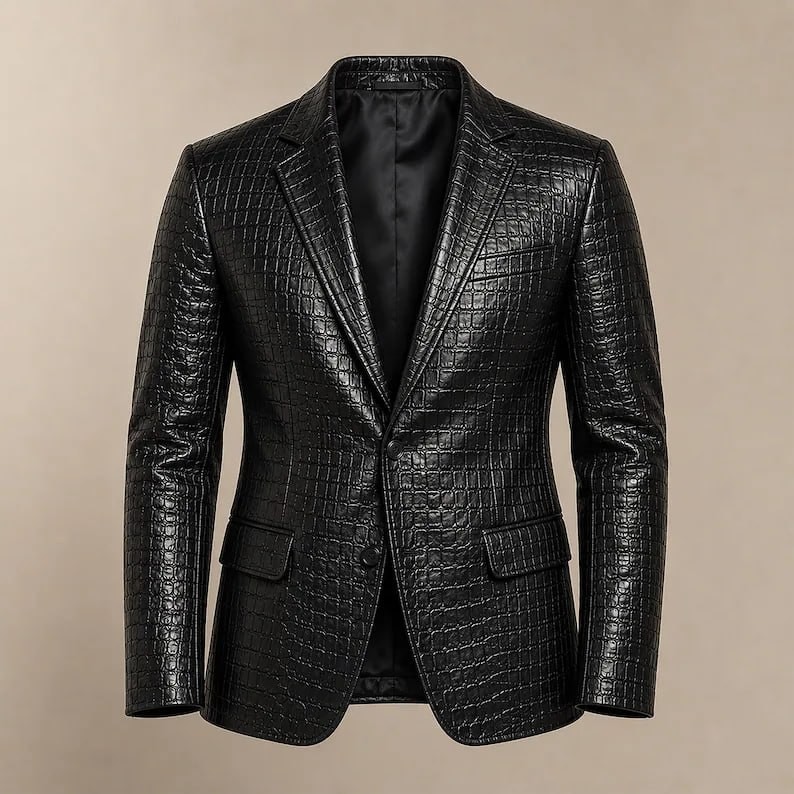 Luxury Crocodile Embossed Leather Blazer Men Genuine Sheepskin Black Sport Coat