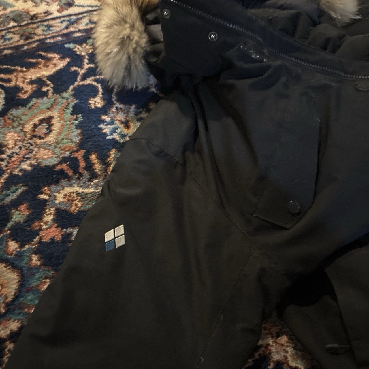 mont-bell Men’s Down Hooded Parka Jacket Fur Trim Black 105 (XL) Zip Snap