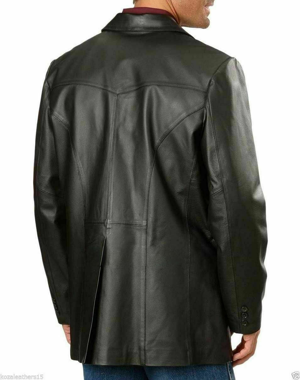Men’s Genuine Soft Lambskin Leather Blazer Regular Fit Jacket Two Button Black