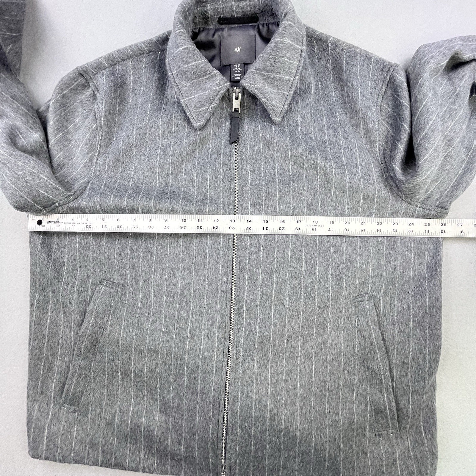 Vintage H&M Jacket Mens XL Gray Pinstripe Full Zip Lined Coat Polyester