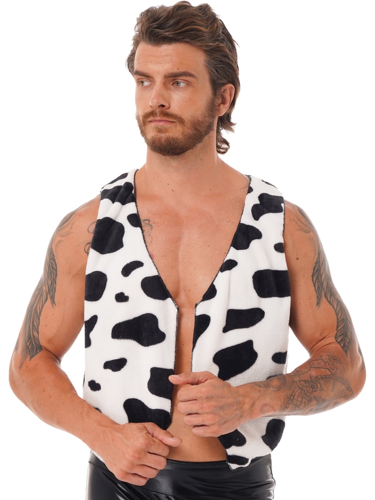US YiZYiF Men’s Cow Print Sleeveless Open Front Coat Vest Cowboy Cosplay Costume