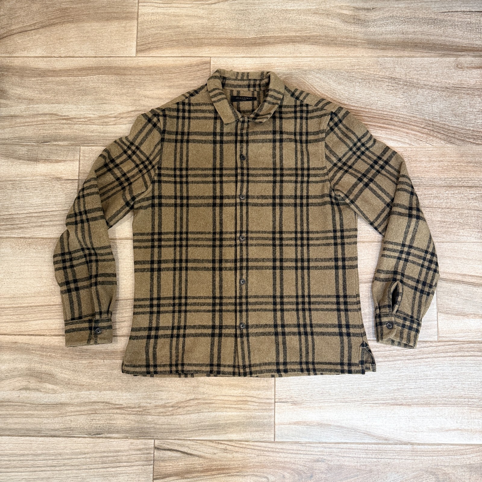 AllSaints Men’s Plaid Overcoat Shacket Brown Black Wool Blend Size Large