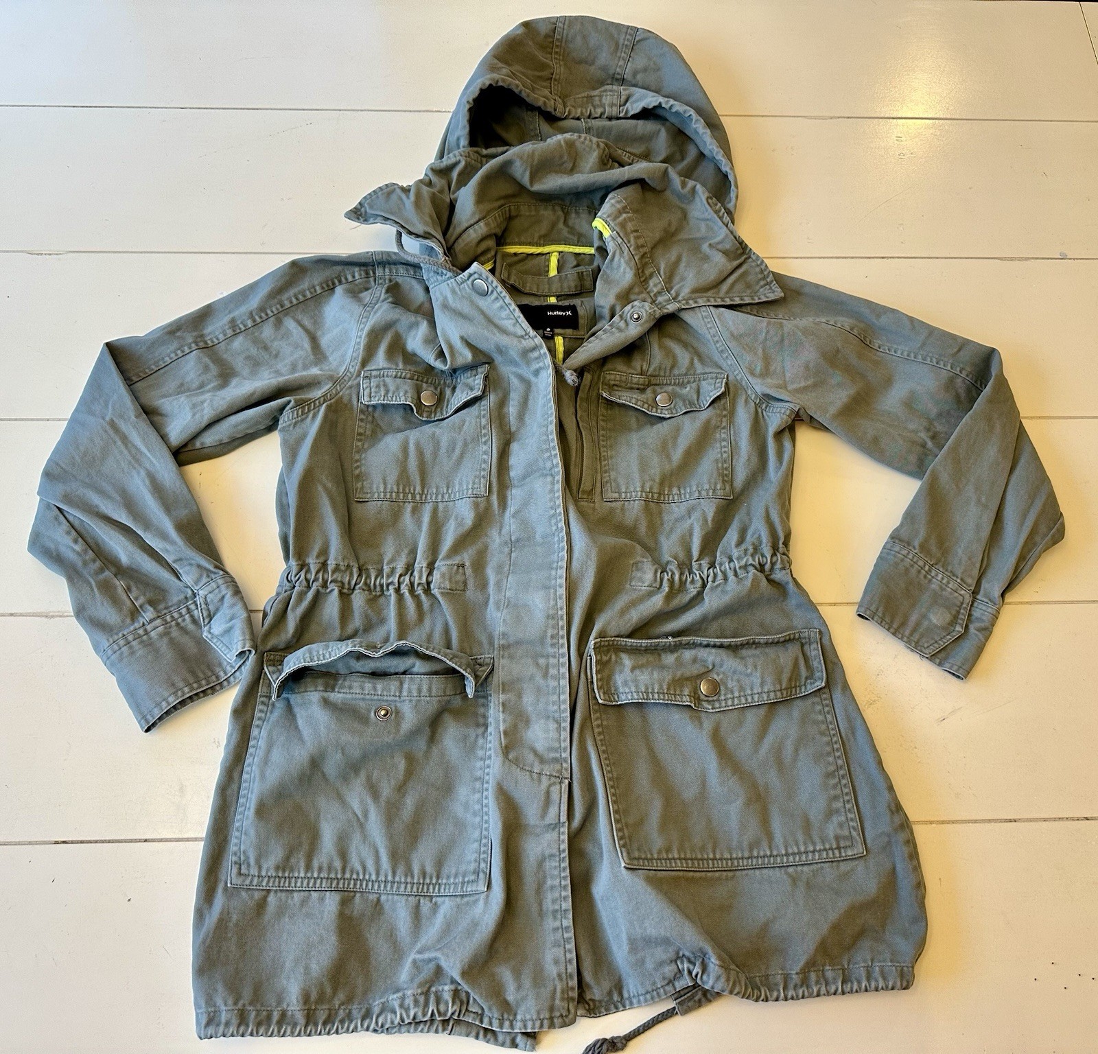 Hurley Military Utility Jacket Olive Green Hooded Roll Hood Drawstring Men’s S