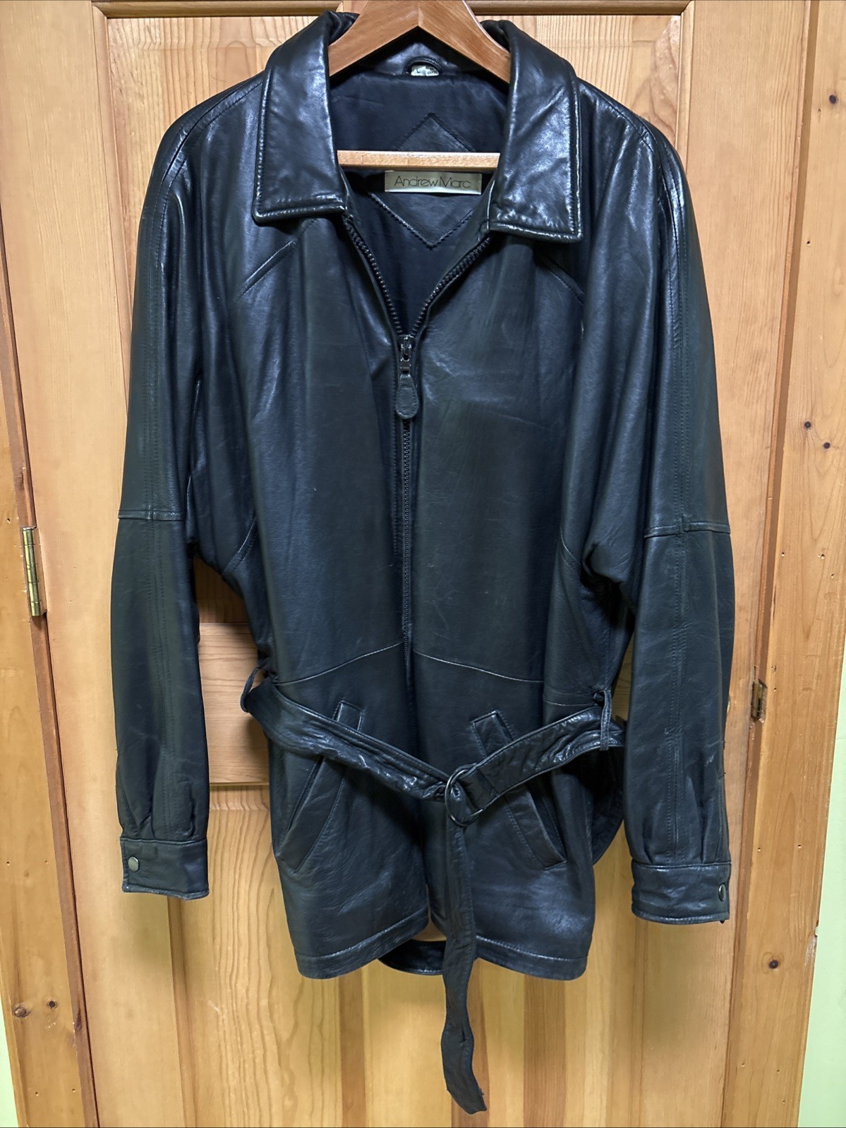 Andrew Marc Black Soft Luster Leather Jacket Zipper & Belt Vintage Size Large