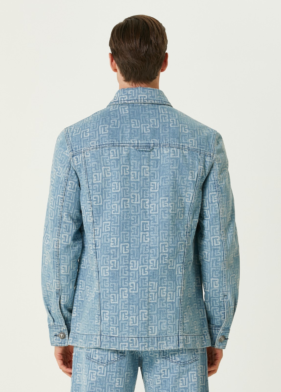 (NO CUSTOMS TAX) BALMAIN blue faded monogram buttoned denim jacket Size Medium