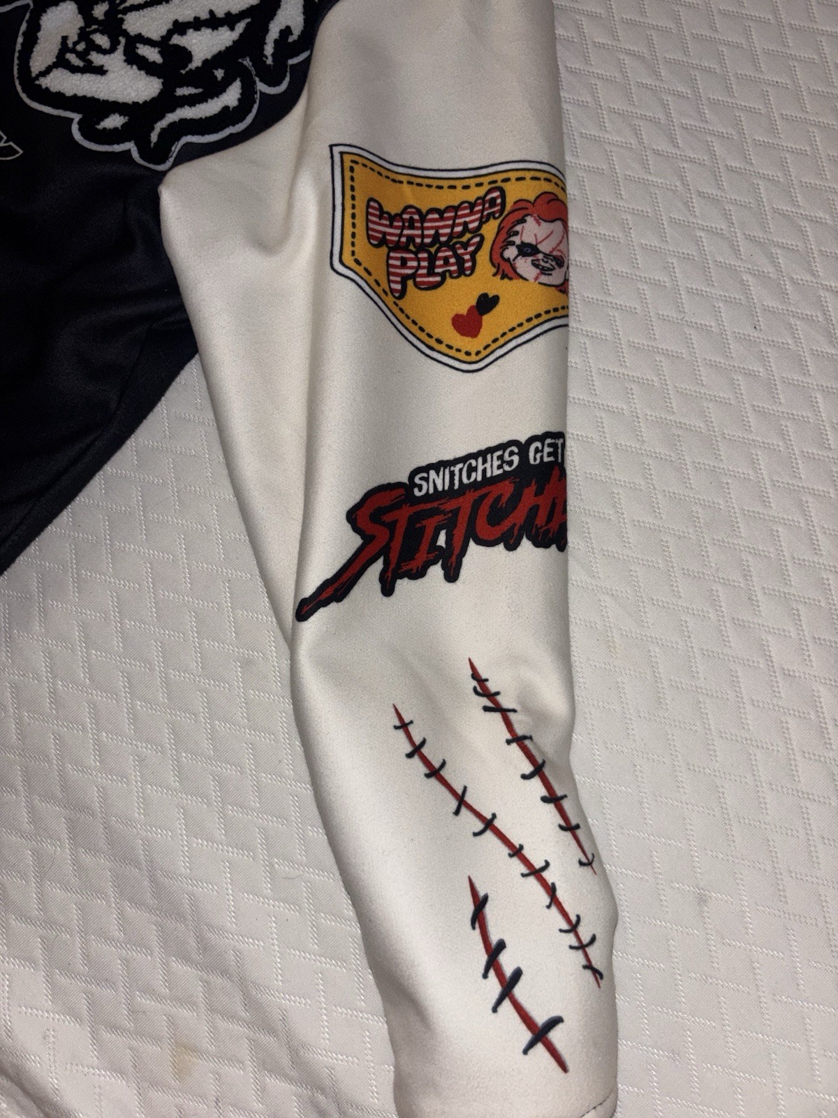 Reason Men’s Varsity Jacket M Black White Red Graphic Print Lined Snap Buttons