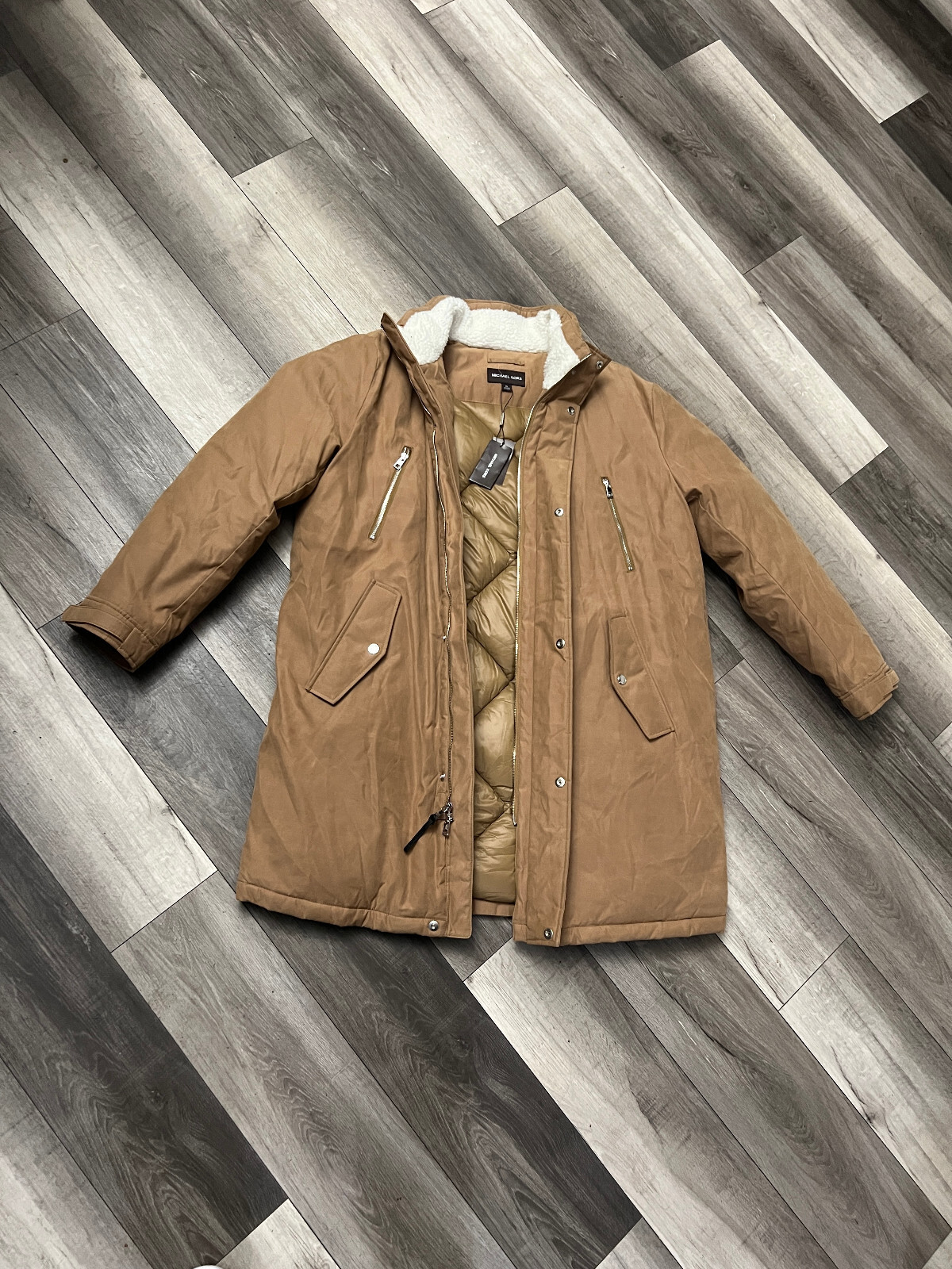 Michael Kors Mens Faux Fur Trim Hooded Parka Coat Jacket Dark Camel Brown XL