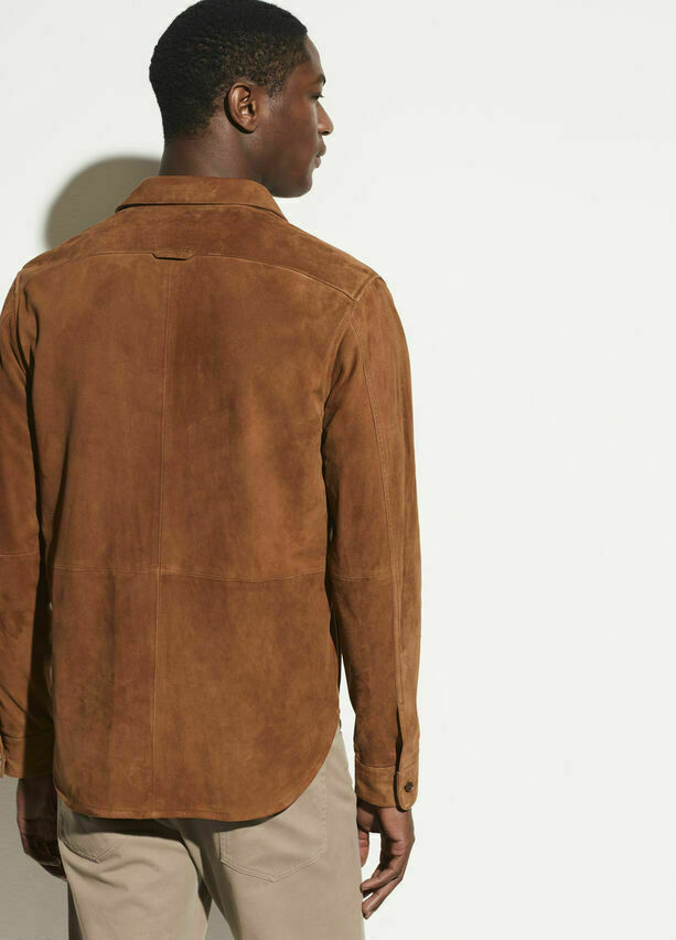 Men’s tan suede leather jacket with button closure, side pockets, shirt look