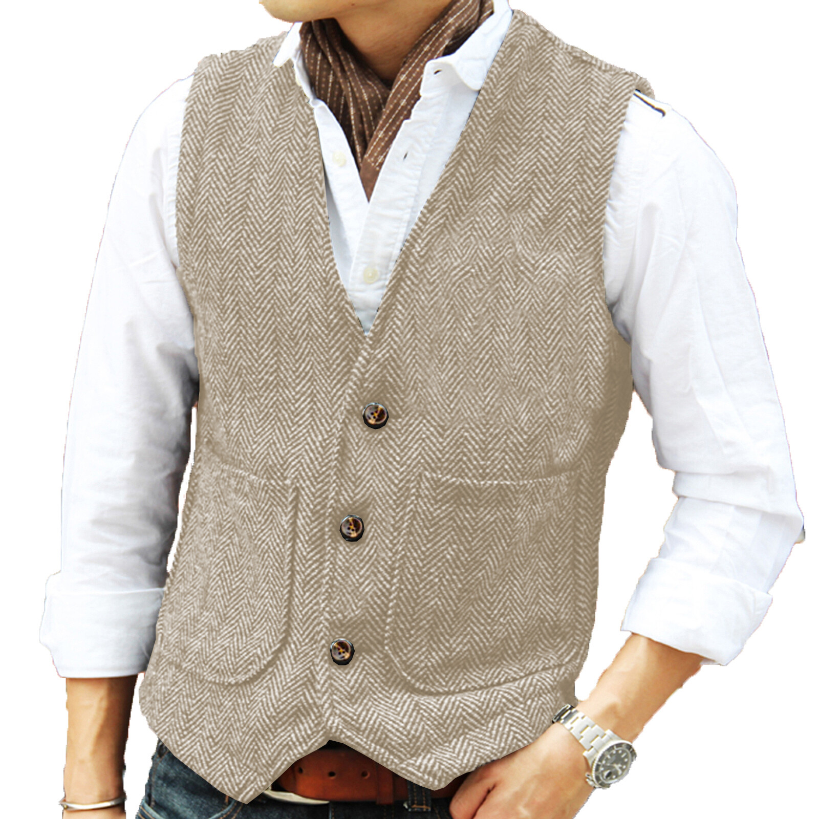 Hunting Classic Men Vintage Tweed Vest Herringbone Waistcoats Wedding Retro Wool