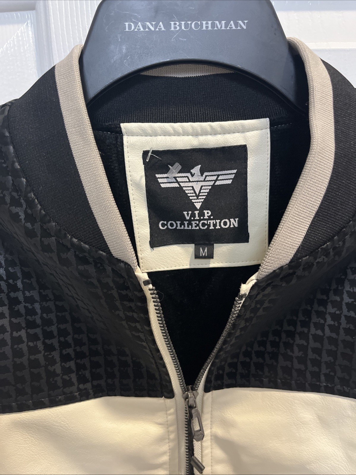 V.I.P Collection Mens’ Bomber Jacket Coat Bone Black Vegan Size Medium NWT D