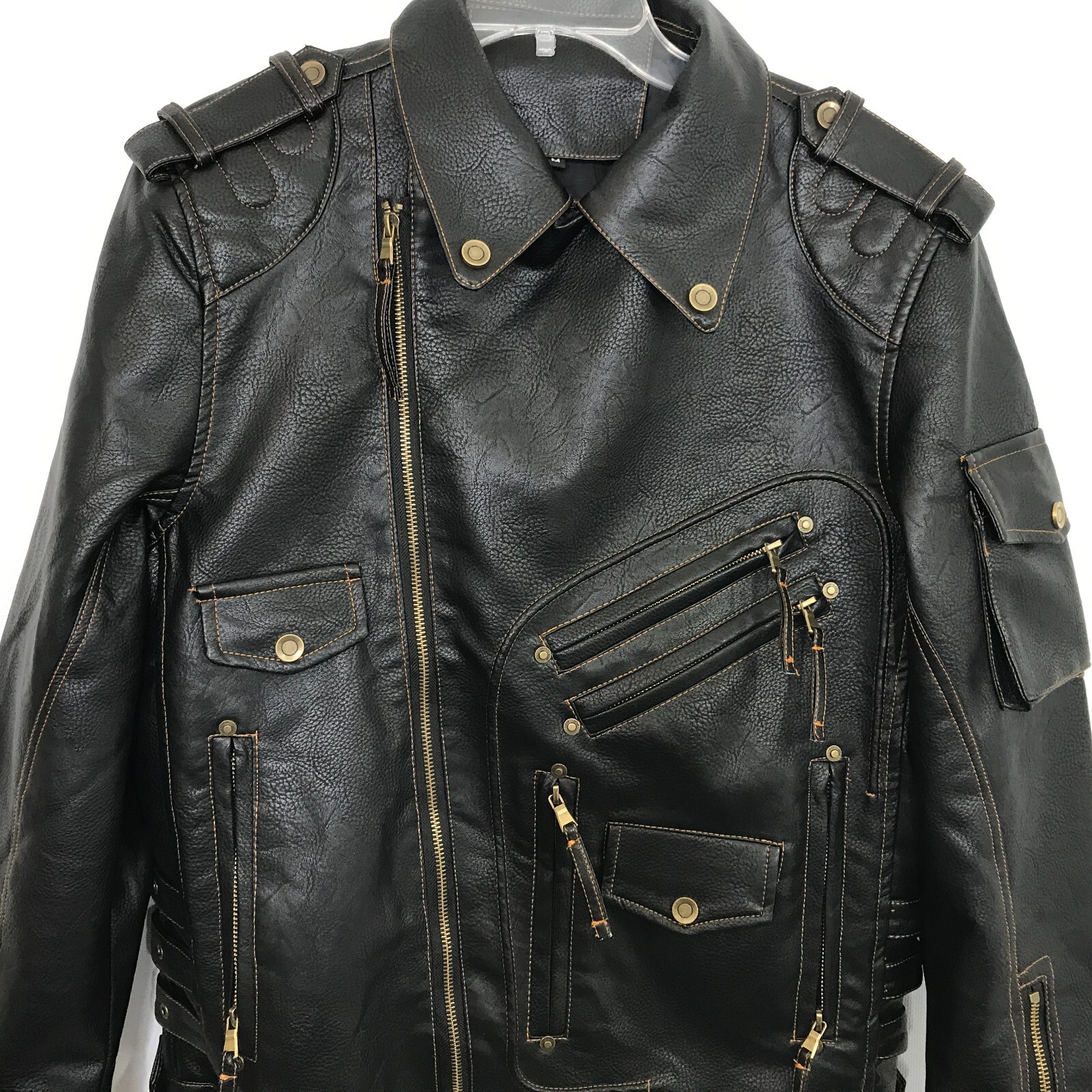 Men’s Faux Leather Motorcycle Biker Jacket Black Moto Zip Snap M USA Seller