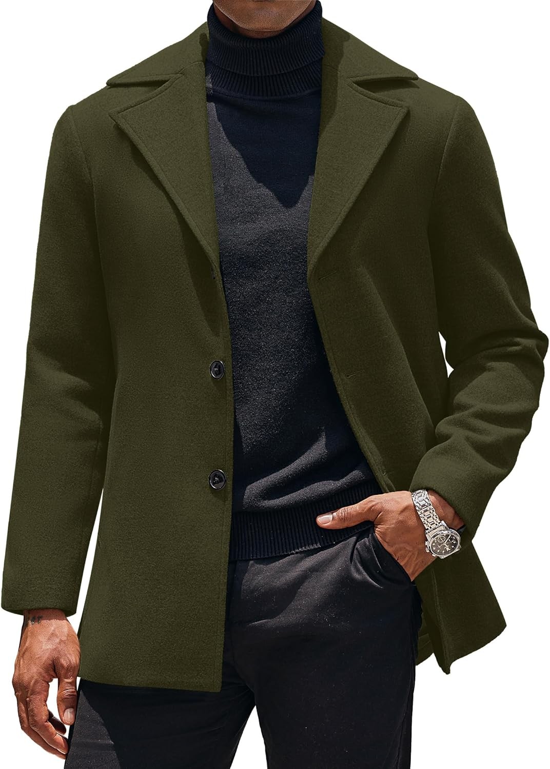 Mens Single Breasted Peacoat Notched Lapel Slim Fit Winter Trench Coat