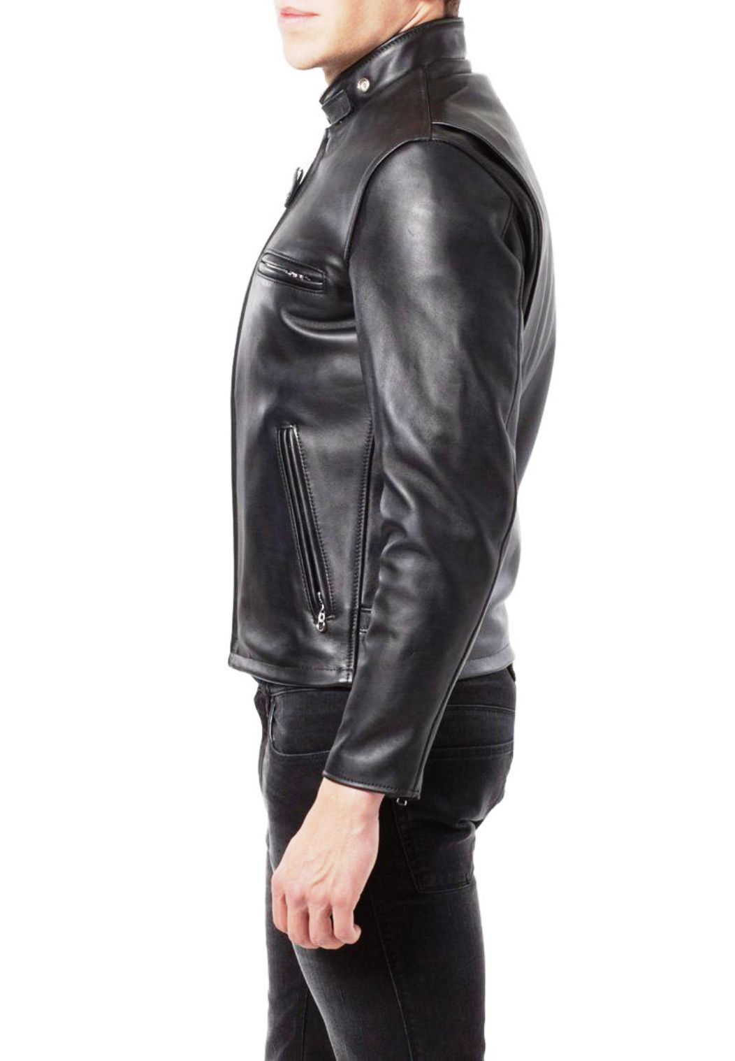 Men Genuine Black Leather standing Collared Jacket Biker Short Slim Fit Jacket