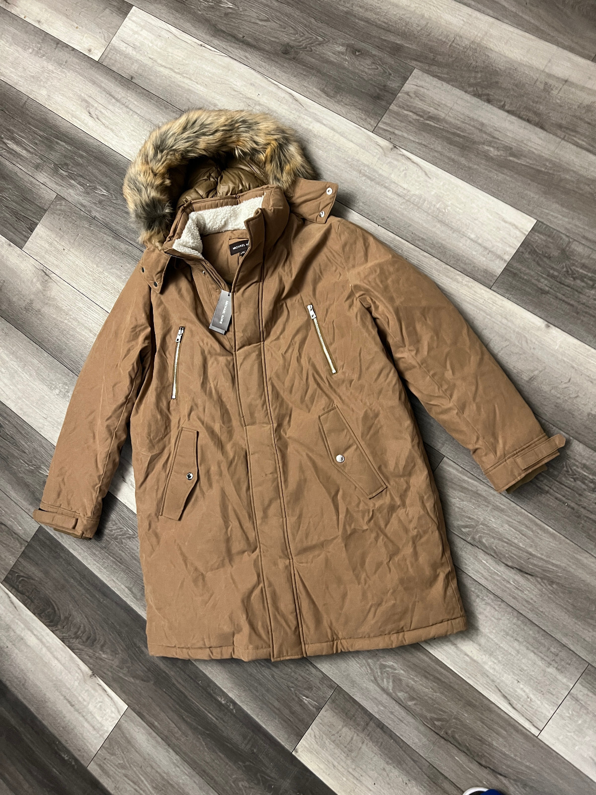 Michael Kors Mens Faux Fur Trim Hooded Parka Coat Jacket Dark Camel Brown XL