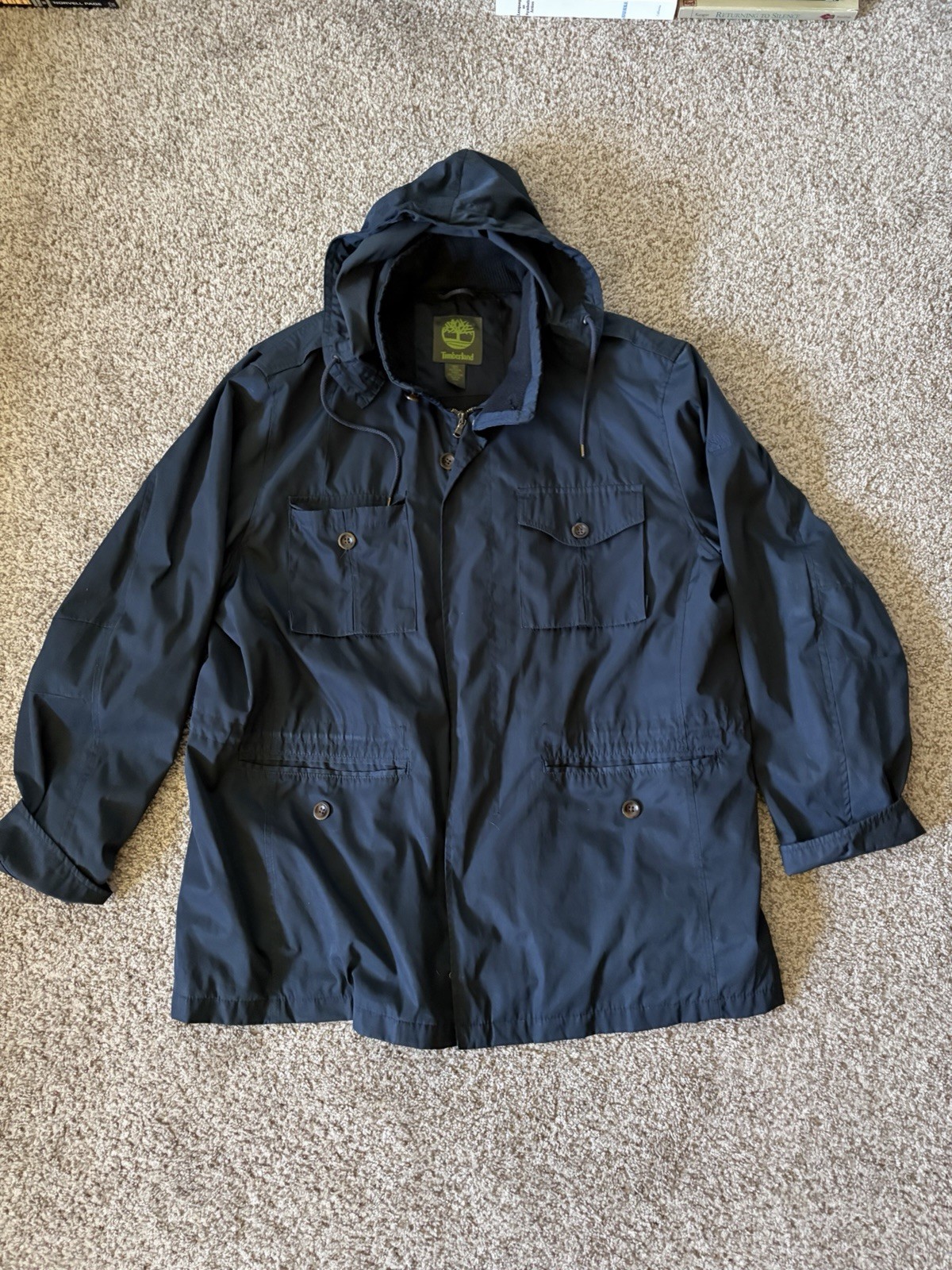 Timberland Weatherproof Men’s XL Waterproof Blue Hooded Rain Jacket Full Zip