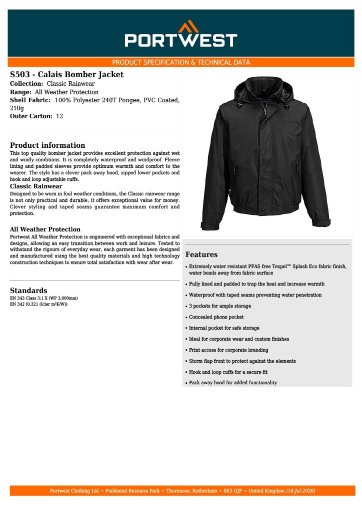 PORTWEST Men’s Calais Fully lined Padded Bomber Waterproof Jacket S503 UK Seller