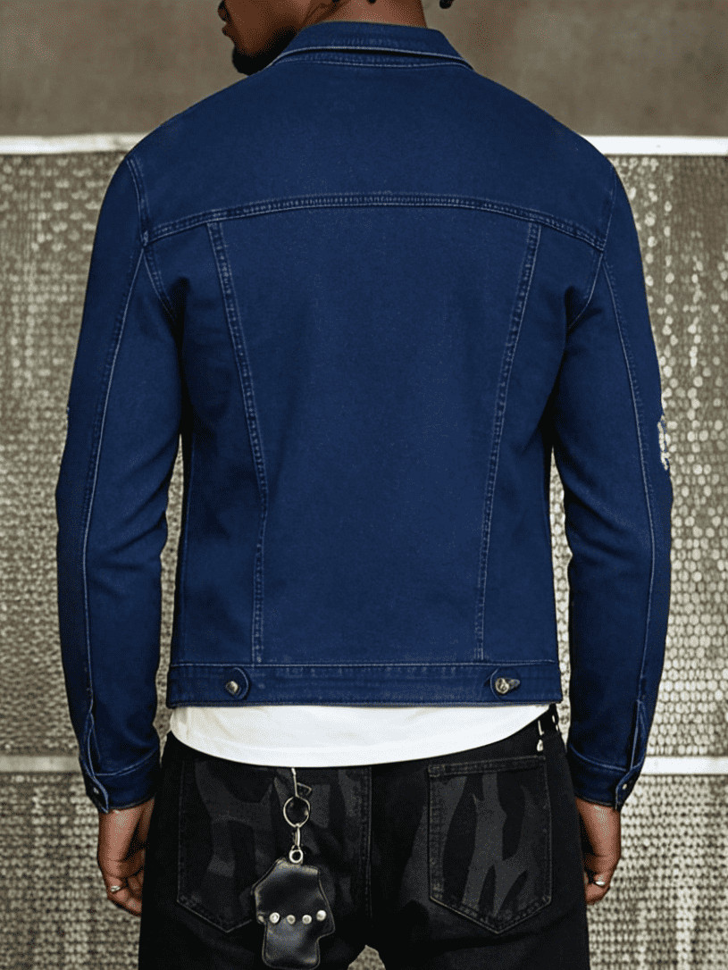 Men’s Dark Blue Distressed Ripped Denim Jacket,Casual Long‑Sleeve Button‑Up Coat